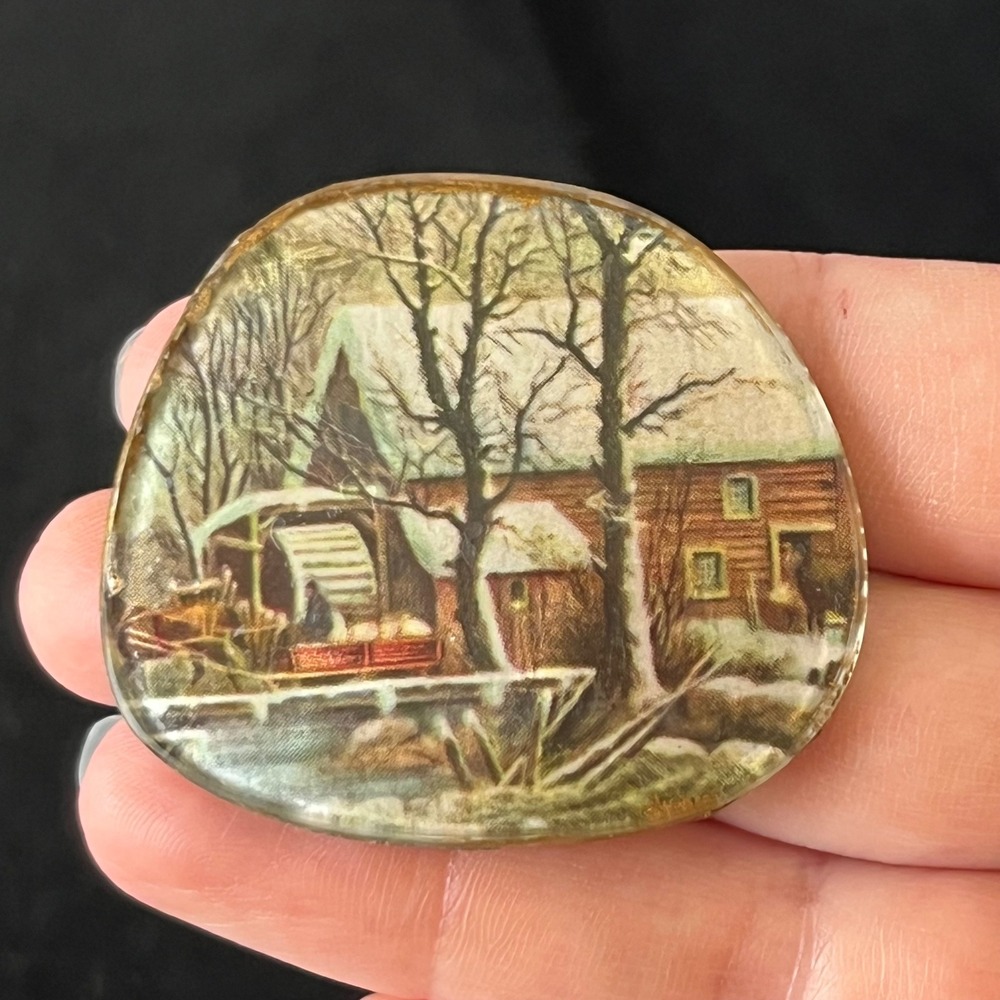 Upcycled‎ Eyeglass Lens Brooch Currier and Ives Winter Scene handmade pin